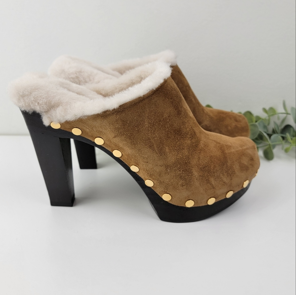 Tamara Mellon Game Changer Cognac Suede Clogs